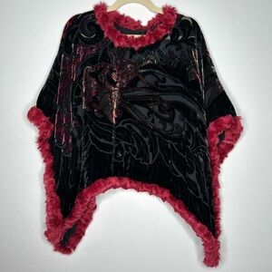 Vintage Black Burgundy Silk Blend Burnout Velvet Poncho Faux Fur Trim OS Flawed